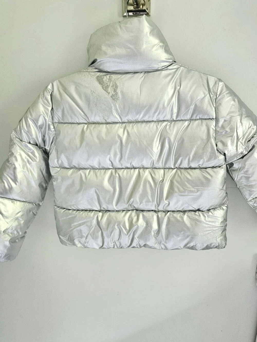 Save The Duck Silver Metallic Puffer Coat Funnel Neck NWT